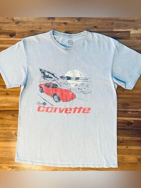 GM Chevrolet Corvette Graphic Tee - Light Blue Men's Shirt L Vintage Style